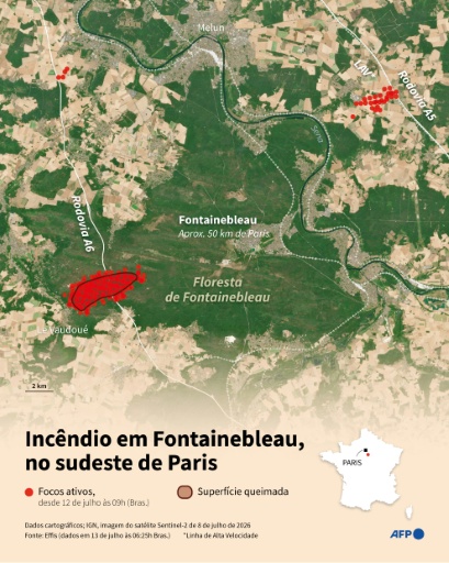 Mapa do incêndio que começou em 12 de julho de 2026 em Fontainebleau, no sudeste de Paris.