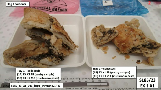 Samples of a beef Wellington meal laced with toxic mushrooms prepared by Erin Patterson — Handout / AFP