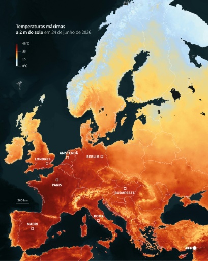 Mapa que mostra as temperaturas máximas a 2 metros do nível do solo registradas em 24 de junho de 2026 na Europa, com base em dados do MARSMet do Observatório Europeu da Seca (EDO). Dados cartográficos: NASA, Jaxa, Gebco, OSM. — Sylvie HUSSON, Sabrina BLANCHARD / AFP