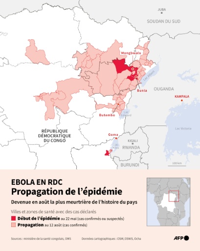 Carte du nord-est de la République démocratique du Congo montrant les zones de santé et villes où des cas d'Ebola ont été recensés au 12 août 2026 — Sabrina BLANCHARD, Nalini LEPETIT-CHELLA, Sophie RAMIS / AFP