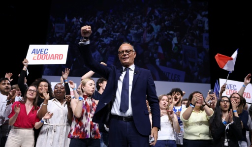 Edouard Philippe, président d'Horizons et candidat à la présidentielle, lors de son premier grand meeting de campagne à Paris, le 5 juillet 2026