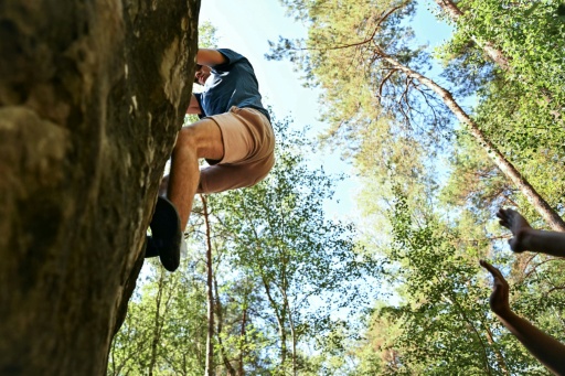 Un homme escalade un rocher à Fontainebleau, au premier jour de la réouverture au public du massif forestier partiellement dévasté par les flammes en juillet, le 22 août 2026 près de Arbonne-la-forêt, en Seine-et-Marne — Lou BENOIST / AFP