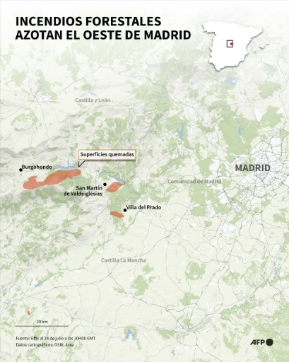 Mapa de las zonas quemadas al oeste de la Comunidad de Madrid (España), donde están activos tres incendios, a partir de datos de Effis al 24 de julio de 2026 a las 10H00 GMT — Sherine Elsayary, Guillermo Riivas Pacheco, Guillermo Riivas Pacheco / AFP