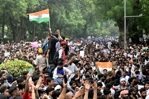 Des militants et sympathisants du "Parti du peuple des cafards" (CJP)  manifestent pour réclamer la démission du ministre de l'Éducation, Dharmendra Pradhan, en raison de fraudes présumées lors d'examens universitaires, le 20 juillet 2026 à New Delhi, en Inde — Arun SANKAR / AFP