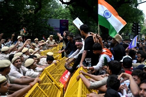 Des militants et sympathisants du "Parti du peuple des cafards" (CJP) affrontent les forces de l'ordre lors d'une manifestation réclamant la démission du ministre de l'Éducation, Dharmendra Pradhan, en raison de fraudes présumées lors d'examens universitaires, le 20 juillet 2026 à New Delhi, en Inde — Arun SANKAR / AFP