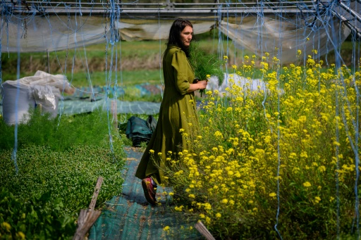 L'agricultrice Kyria Gay pose dans sa ferme lors d'une séance photo à Montjoie-en-Couserans (Ariège), le 14 avril 2026 — Lionel BONAVENTURE / AFP