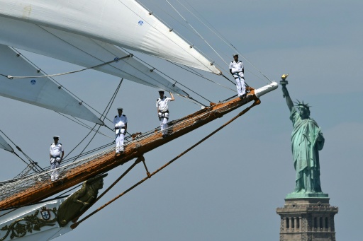 The Portuguese navy's tall ship NRP Sagres sails past the Statue of Liberty on July 4, 2026, near where Vice President JD Vance gave a speech lashing out at critics of the US