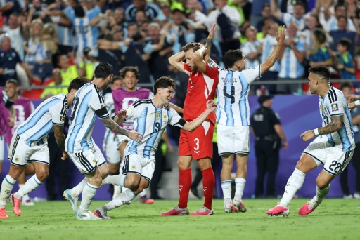A distraught Breel Embolo is consoled by teammate Denis Zakaria after he is sent off for simulation against Argentina