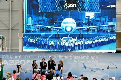 Lors de l'inauguration de la deuxième ligne d'assemblage de l'A320, Cornebarrieu en Haute-Garonne, 15 juin 2026 — Lionel BONAVENTURE / AFP