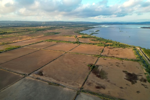 An aerial view shows sea salt collection pools near the abandoned saltworks in Ulcinj on June 2, 2026.