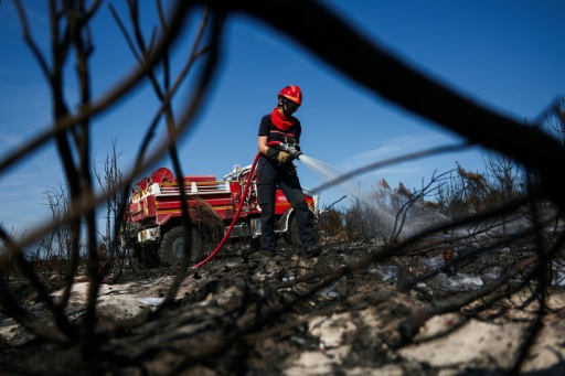 Firefighters were still damping down the land even as officials said the Gironde megafire was 'under control' — ROMAIN PERROCHEAU / AFP
