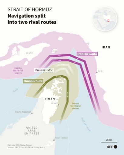 Infographic with a map of the Strait of Hormuz showing the shipping lane coordinated by Oman and the lane designated by Iran, as Tehran and Muscat discuss an agreement on transit arrangements along this strategic route — Nicholas SHEARMAN, Sherine ELSAYARY, Luca MATTEUCCI / AFP