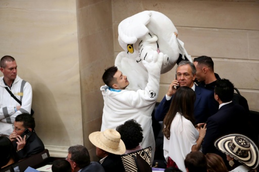 El recién elegido senador colombiano Luis Carlos Rua, conocido como el activista "Elefante Blanco", sostiene la cabeza de un disfraz de elefante durante la sesión de toma de posesión de las sesiones ordinarias del Congreso en Bogotá, el 20 de julio de 2026. — ESTEBAN VEGA LA-ROTTA / AFP