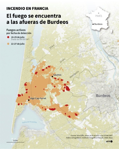 Mapa del incendio que se declaró en Saumos, en el suroeste de Francia, y su avance hacia la zona metropolitana de Burdeos — Nalini Lepetit-Chella, Sherine Elsayary, Sylvie Husson , Sherine Elsayary, Sylvie Husson / AFP