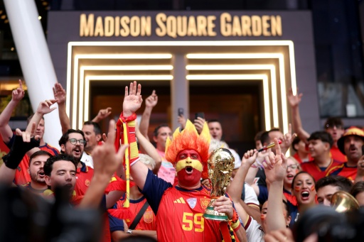 Spain fans swarmed around Madison Square Garden with one clutching a replica trophy — PATRICIA DE MELO MOREIRA / AFP