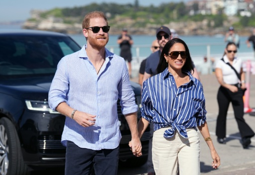 Le prince Harry, duc de Sussex, et son épouse Meghan, à Bondi Beach, à Sydney, le 17 avril 2026 en Australie — Jonathan Brady / AFP
