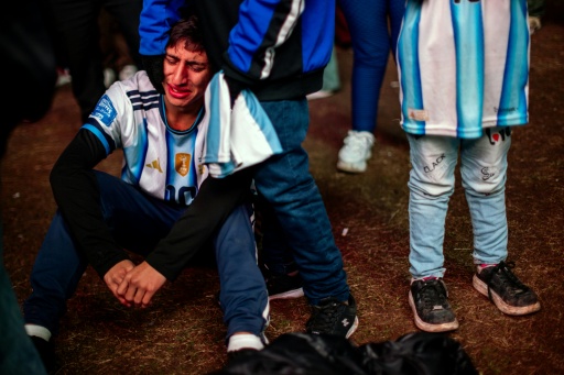 Un supporter argentin réagit après la défaite de son équipe en finale de la Coupe du monde de football contre l'Espagne, alors qu'il suivait le match sur un écran géant à Buenos Aires, le 19 juillet 2026 — TOMAS CUESTA / AFP