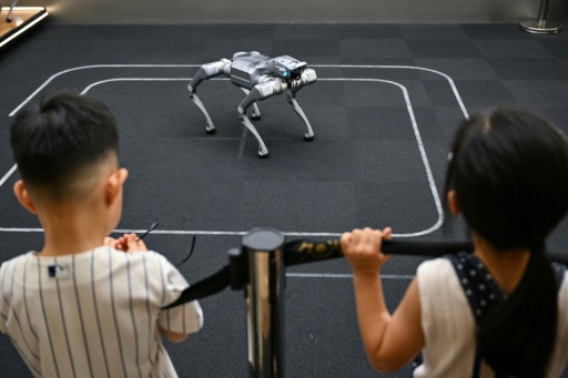 Des personnes regardent un robot télécommandé de Unitree Robotics lors d’une visite du Centre d’expérience de l’intelligence incarnée de Unitree, dans le district de Jing’an à Shanghai, le 19 août 2026 — Hector RETAMAL / AFP