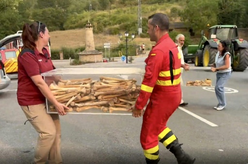 Esta captura de un video facilitado por la Unidad Militar de Emergencias (UME) de España muestra a los bomberos retirando los restos óseos de los primeros reyes de Aragón, el 13 de agosto de 2026 — Handout / AFP