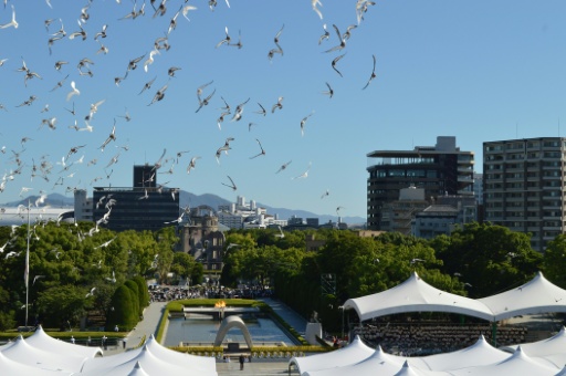 Doves are released during a memorial at the Peace Memorial Ceremony, on the 81st anniversary of the dropping of the atomic bomb, at the Peace Memorial Park in Hiroshima on August 6, 2026 — JIJI PRESS / AFP