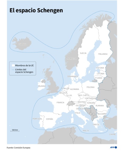 Mapa del espacio Schengen para la libre circulación de personas en Europa, y de los países que componen la Unión Europea — Jean-Michel CORNU, Jonathan WALTER / AFP