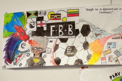 Artwork produced by students participating in the Football Beyond Borders programme is displayed at Our Lady & St Chad Catholic School, in Wolverhampton