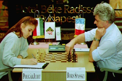 Judit Polgar, then 17, playing against former world chess champion Boris Spassky — Attila KISBENEDEK / AFP