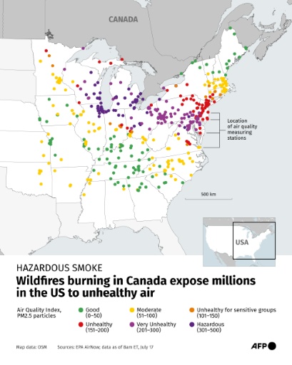 Map showing Air Quality Index readings from a range of monitoring stations across the US on the morning of July 17 — Corin FAIFE / AFP