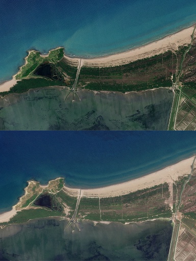 Una combinación de imágenes de satélite del 4 de mayo de 2026 (arriba) y del 11 de junio del área protegida en la costa de la laguna de Narta, en el suroeste de Albania, cerca de la localidad de Vlora, donde se construye un compleo turístico — Handout / AFP