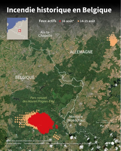 Carte de l'incendie du parc naturel des Hautes Fagnes-Eifel en Belgique, à la frontière avec l'Allemagne, montrant les feux actifs depuis le 14 août 2026, selon les données d'Effis — Sophie RAMIS, Nalini LEPETIT-CHELLA / AFP