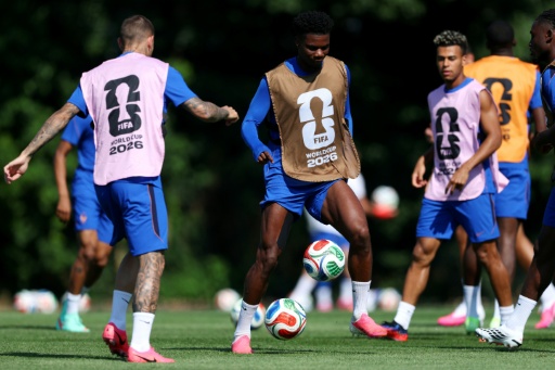 Aurélien Tchouaméni à l'entraînement avec l'équipe de France au Campus de Bentley, près de Boston, le 8 juillet 2026