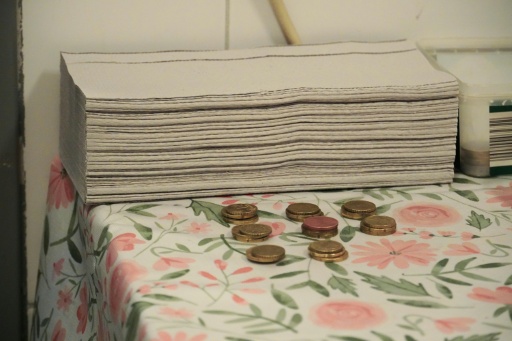Coins on the table for the Vienna toilet attendant, who collects 50 cents from each toilet  stall user (though urinals are free of charge for men) — PATRICK SIEBER / AFP