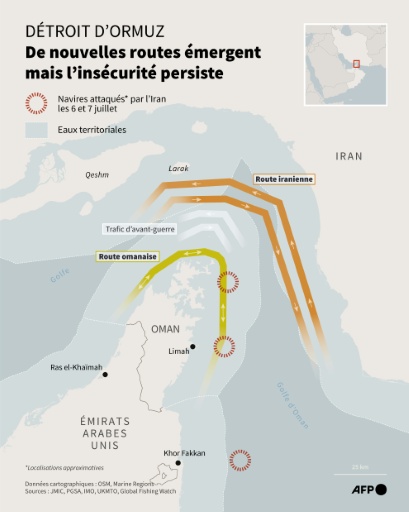 Carte du détroit d'Ormuz montrant le couloir maritime coordonné par Oman, le couloir désigné par l'Iran, ainsi que les lieux où des bateaux ont été attaqués par l'Iran les 6 et 7 juillet — Nicholas SHEARMAN, Sherine ELSAYARY, Luca MATTEUCCI / AFP