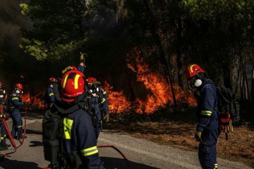 Des pompiers grecs tentent d’éteindre un incendie de forêt dans la région de Porto Germeno, à quelque 70 kilomètres au nord-ouest d’Athènes, dans la région de la Viotia, le 2 août 2026 — Angelos TZORTZINIS / AFP