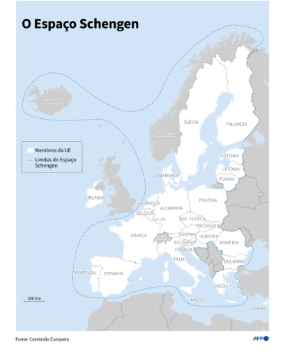 Mapa do Espaço Schengen para a livre circulação de pessoas na Europa, e dos países que fazem parte da União Europeia. — Jean-Michel CORNU, Jonathan WALTER, Maria-Cecilia REZENDE / AFP