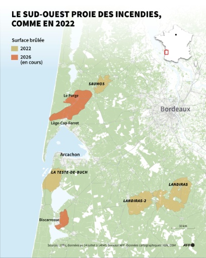 Carte montrant les zones brûlées en Gironde et dans les Landes lors de plusieurs mégafeux en 2022, et les deux incendies en cours le 24 juillet 2026, selon les données Effis du 24 juillet à 14h45 — Jean-Michel CORNU, Sylvie HUSSON / AFP