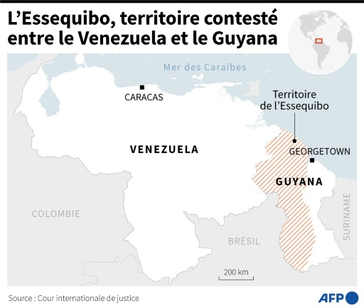 Localisation du territoire contesté de l'Essequibo, entre le Venezuela et le Guyana — Gustavo IZUS / AFP