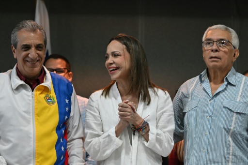 A líder opositora venezuelana, María Corina Machado, durante a coletiva de imprensa realizada neste sábado, 23 de maio de 2026, na Cidade do Panamá — MARTIN BERNETTI / AFP