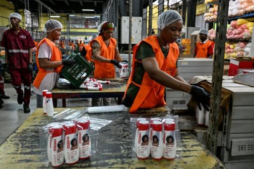 Des ouvrières fabriquent et emballent des produits cosmétiques dans l'usine Kaera, située dans la zone industrielle de Yopougon, en périphérie d'Abidjan, capitale économique de la Côte d'Ivoire, le 7 juillet 2026 — Issouf SANOGO / AFP