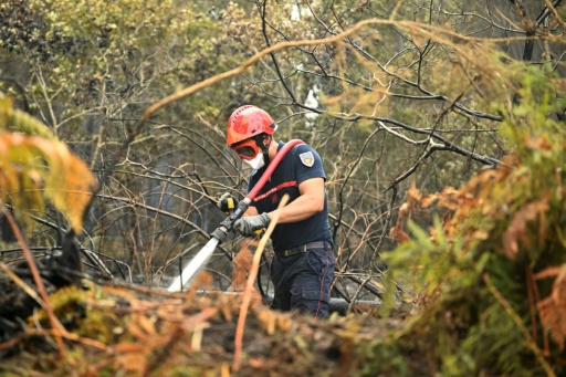 Un pompier arrose le sol pour empêcher des reprises de feu, le 16 août 2026 à Luglon, dans les Landes — Gaizka IROZ / AFP