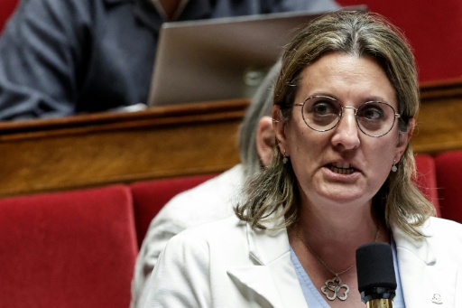 Perrine Goulet, députée des Démocrates, prend la parole lors d'une séance de questions au gouvernement à l'Assemblée nationale, à Paris, le 24 mars 2026 — STEPHANE DE SAKUTIN / AFP
