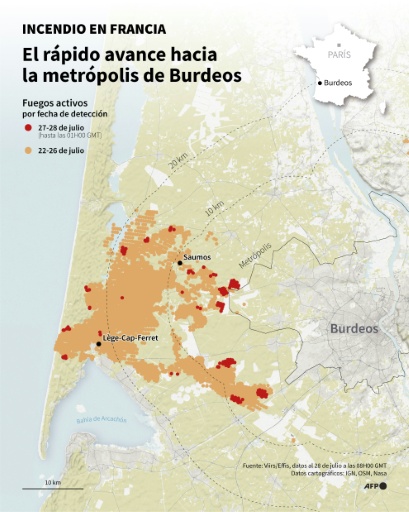 Mapa del incendio que se declaró el 22 de julio en Saumos, en el suroeste de Francia, y su avance hacia la zona metropolitana de Burdeos — Sherine ELSAYARY, Nalini LEPETIT-CHELLA, Sylvie HUSSON / AFP