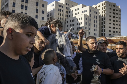 Une famille d'éleveurs palestiniens pose avec son cheval de race arabe, vainqueur d'un prix lors du concours de beauté équine de Rawabi, en Cisjordanie occupée, le 27 juin 2026 — John WESSELS / AFP