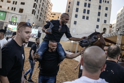 Un éleveur palestinien célèbre la victoire de son cheval lors du concours de beauté à Rawabi, en Cisjordanie occupée, le 27 juin 2026 — John WESSELS / AFP
