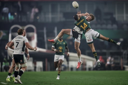 South Africa's No. 14 Jaco Williams jumps for the ball against Wales wing Ellis Mee — PHILL MAGAKOE / AFP
