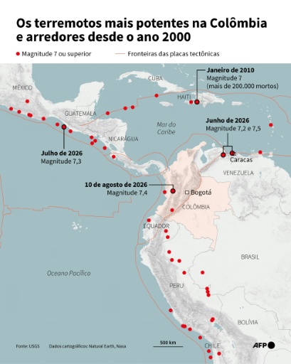 Mapa que mostra os terremotos de magnitude 7 ou superior que aconteceram na Colômbia e arredores desde o ano 2000, segundo dados USGS. — Olivia BUGAULT, Hervé BOUILLY / AFP