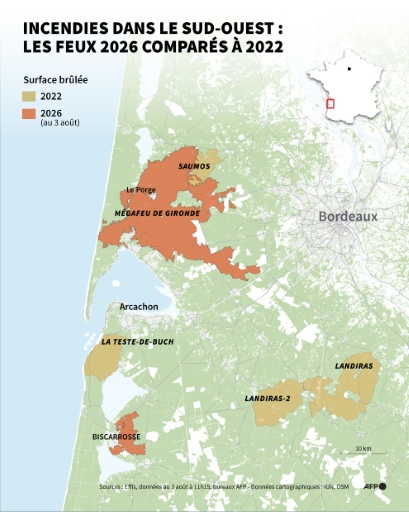 Carte comparant les zones brûlées en Gironde et dans les Landes en 2022 et 2026, selon les données Effis au 3 août 2026 — Jean-Michel CORNU, Sylvie HUSSON / AFP