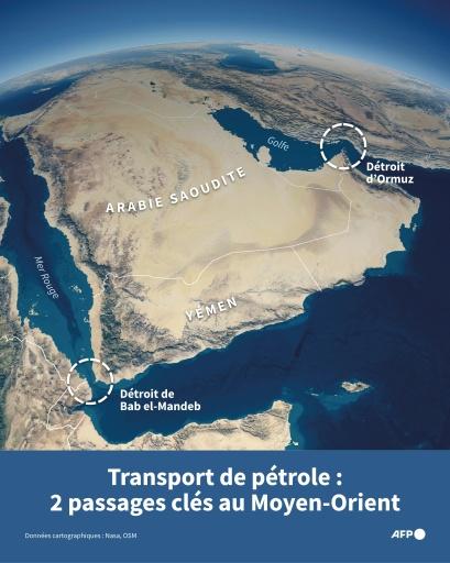 Carte du détroit d'Ormuz et du détroit de Bab el-Mandeb, deux passages clés du transport mondial de pétrole situés au Moyen-Orient, le premier verrouillé par la guerre entre Washington et Téhéran, le second sous l'emprise des Houthis — Jonathan WALTER, Valentina BRESCHI, Guillermo RIVAS PACHECO / AFP