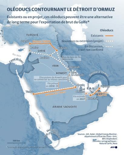 Carte montrant les oléoducs existants et en projet qui peuvent être des moyens de transport du pétrole brut contournant le détroit d'Ormuz sur le long terme — Sherine ELSAYARY, James PHEBY / AFP