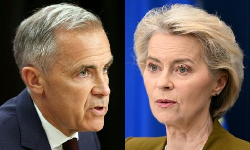 Le Premier ministre canadien Mark Carney donne une conférence de presse le 25 juin 2026 à Ottawa, et le président de la Commission européenne Ursula von der Leyen s'exprime le 9 juin 2026 à Bruxelles — Dave Chan, Nicolas TUCAT / AFP